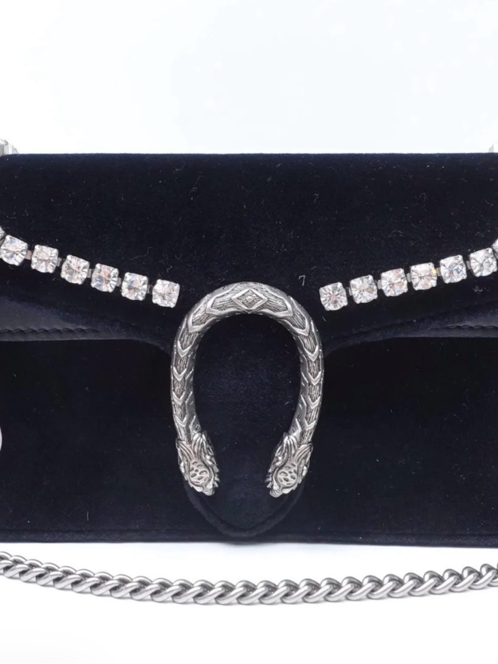 GUCCI DIONYSUS Super Mini Black Velvet Clutch with Silver Crystal Chain Bag
